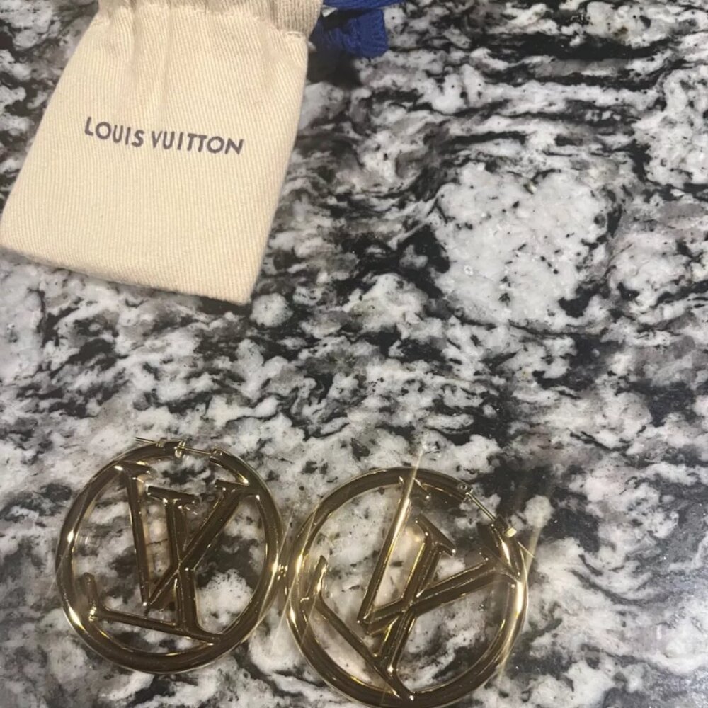 Louis Vuitton Hoop Louise Gold Tone Earrings Authentic